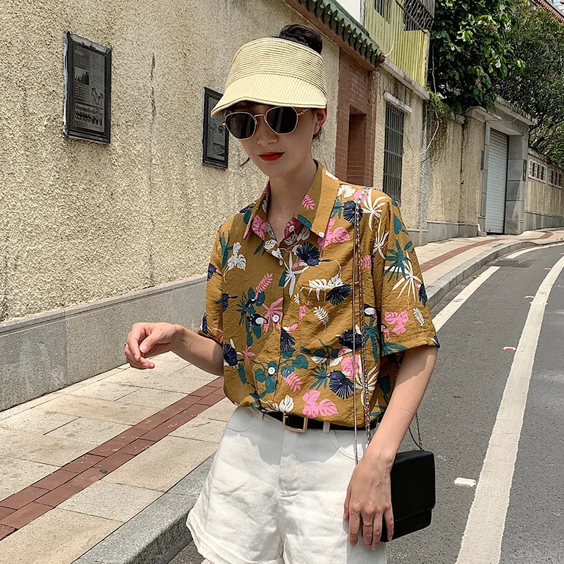 Летние блузки рубашки Новинка 2019 Женская мода с коротким рукавом Цветочный принт