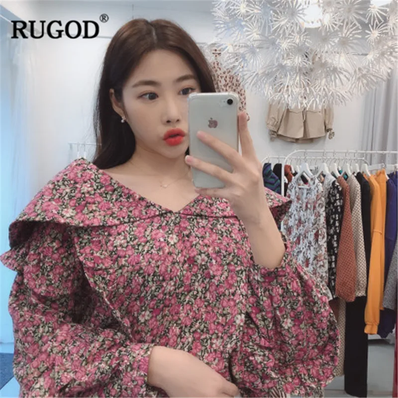 RUGOD 2019 Floral print women blouses v neck flare sleeves loose bohemian style sweet korean spring tops and |
