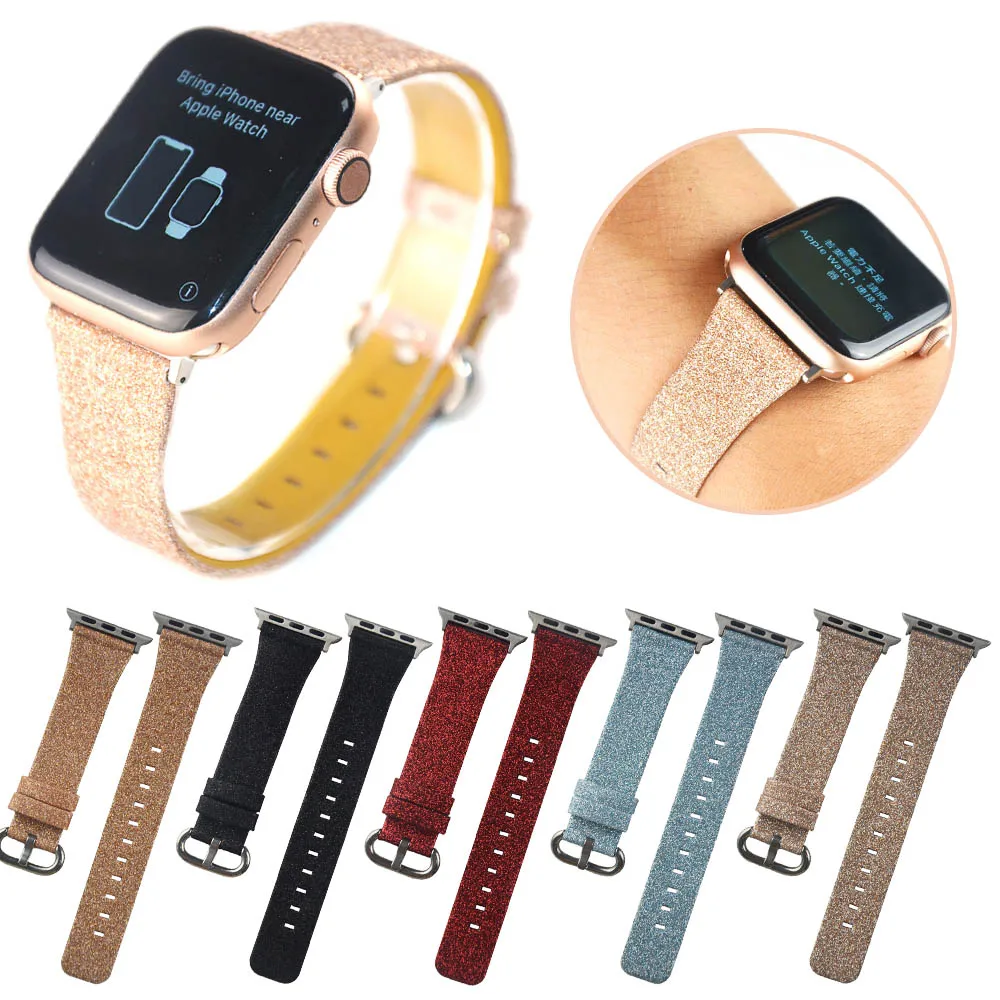 Кожаный ремешок для наручных часов Apple Watch, версии 5 4 3 2 1 Рождество блестящие браслет для наручных часов iWatch, 40/44/38/42 мм Bling ремешок на запястье