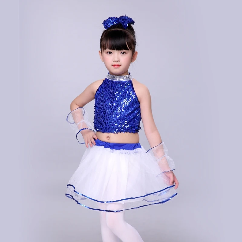 

Children's jazz dance show girls sequins children's modern princess Pompon yarn skirt costumes