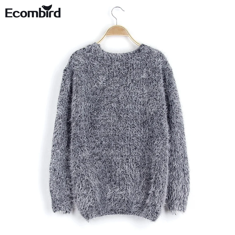Ecombird теплый мохер Для женщин свитер зима твердые хлопок с длинным рукавом