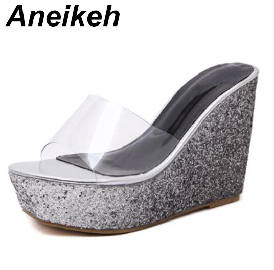 Black Silver Aneikeh/ г. летние сандалии, шлепанцы, модная базовая обувь на танкетке, обувь на высоком каблуке, женские шлепанцы с открытым носком, женская обувь - Цвет: Black Silver