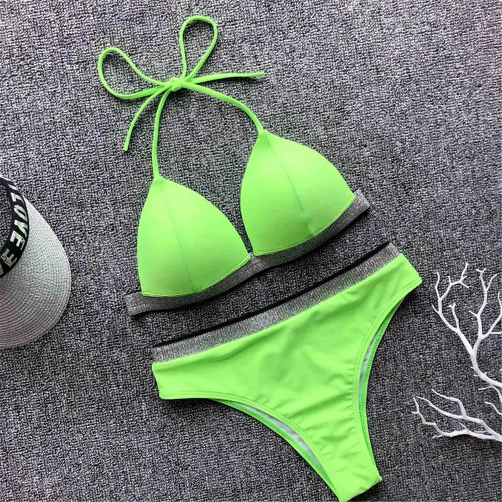 Neon Green Пуш-ап бикини, высокая талия, купальник, женский купальник, два предмета, бикини, набор с блестящей лентой, купальный костюм с бретелькой через шею, V1572 - Цвет: Neon Green