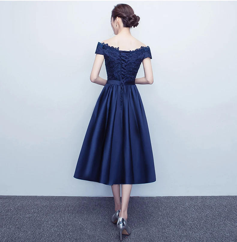Темно синие платья длиной ниже колена искусственное кружево 2017 вечерние для
