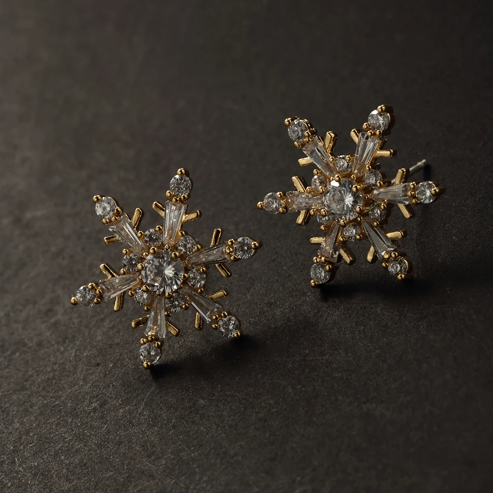 Снежинка серьги с полным AAA + фианит циркон золотого цвета металла высокое