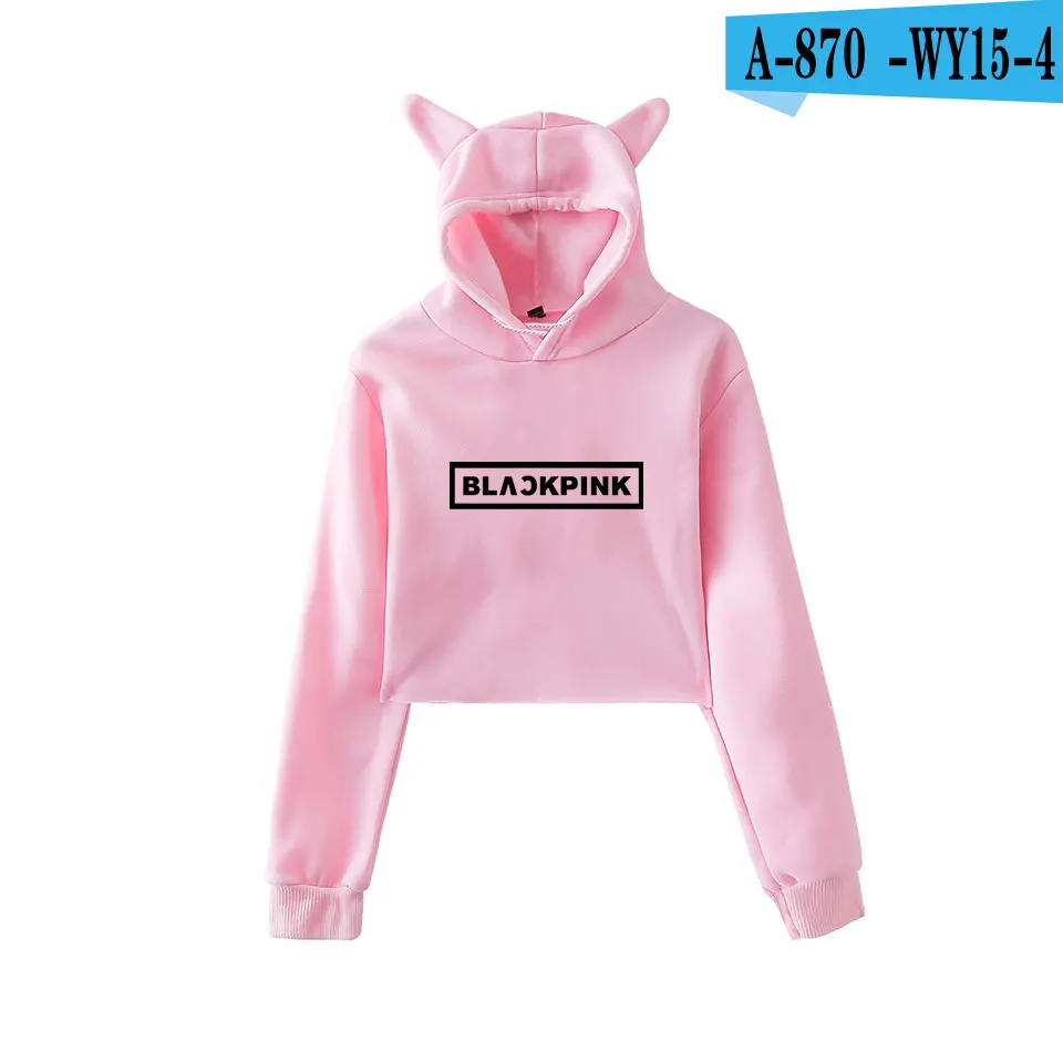WEJNXIN Kawaii худи с кошачьими ушами для женщин Kpop BLACKPINK вентиляторы Толстовка поддержка дамы BLACKPINK Письмо печати укороченный Топы Одежда - Цвет: Pink
