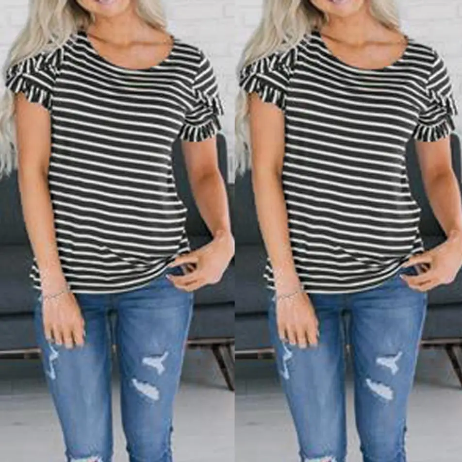 

Fashion Women Blouse Short Sleeve Ruffles O Neck Casual Stripe Blouse Top Vest Summer Clothes Polyester Fashion
