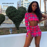 anjamanor plaid print sexy two piece set one shoulder long sleeve crop top skirt matching sets club outfits spring 2020 d0 ce16