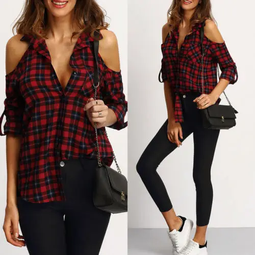 Хит 2017 Женская клетчатая красная блузка топы с открытыми плечами рубашка длинным