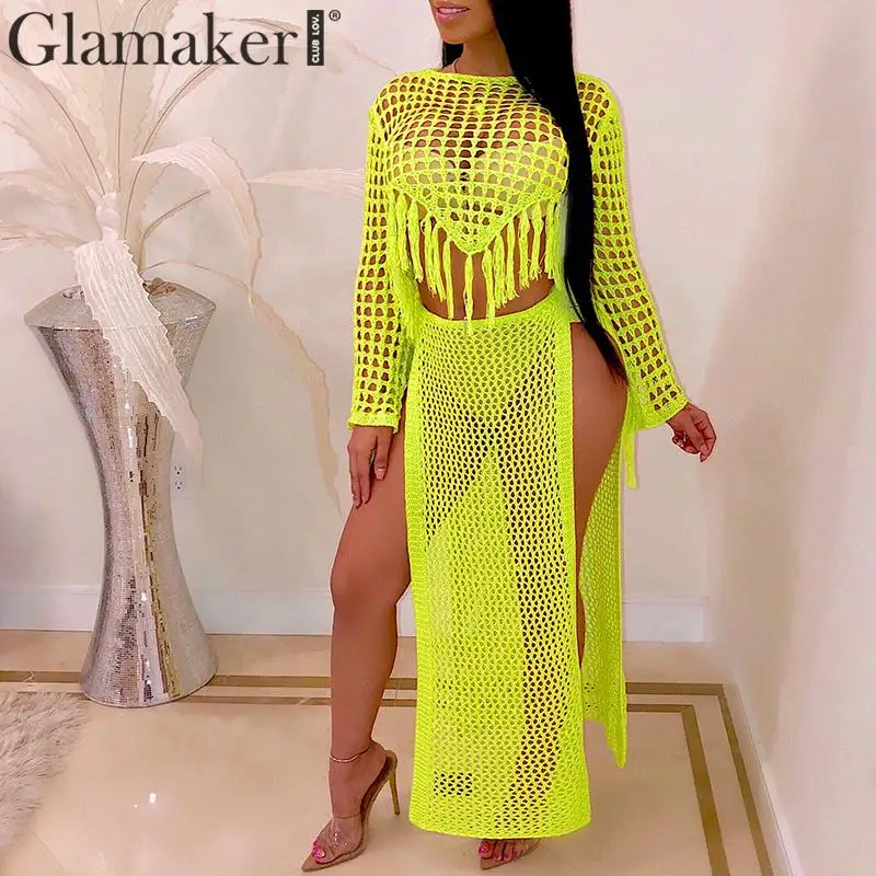 Женское летнее платье с длинным рукавом Glamaker Белое Платье макси высоким разрезом