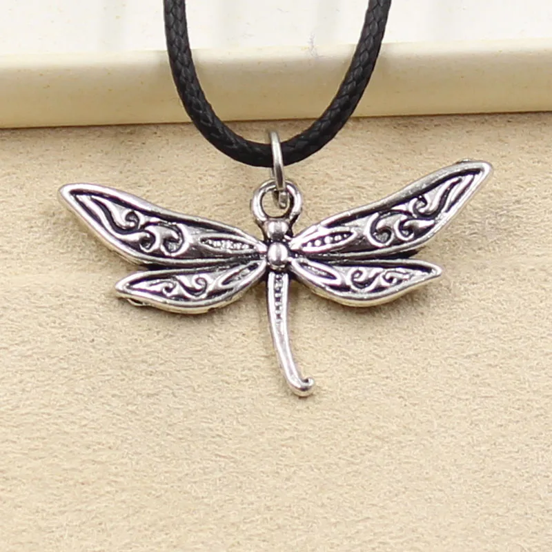 New Fashion Tibetan Silver Color Dragonfly Pendant Necklace Choker Charm Black Leather Cord Factory Price Handmade Jewelry