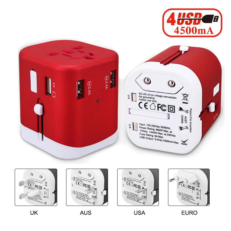 

Универсальный портативный адаптер с 4 USB для международных путешествий с UK US AU EU вилка и розетка новый дизайн 166