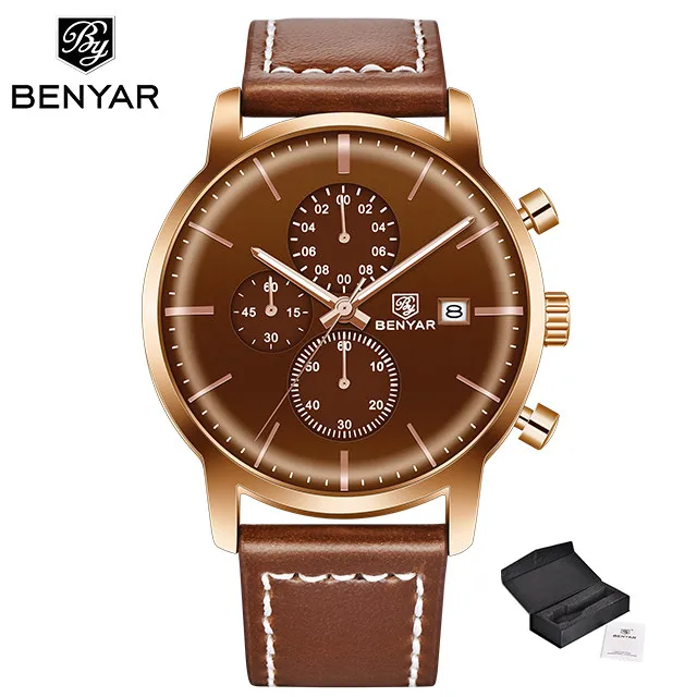 gold brown BENYAR мужские часы, модные кварцевые мужские часы с кожаным ремешком, новинка, Топ люксовый бренд, военный хронограф, наручные часы, Relogio Masculin - Цвет: gold brown