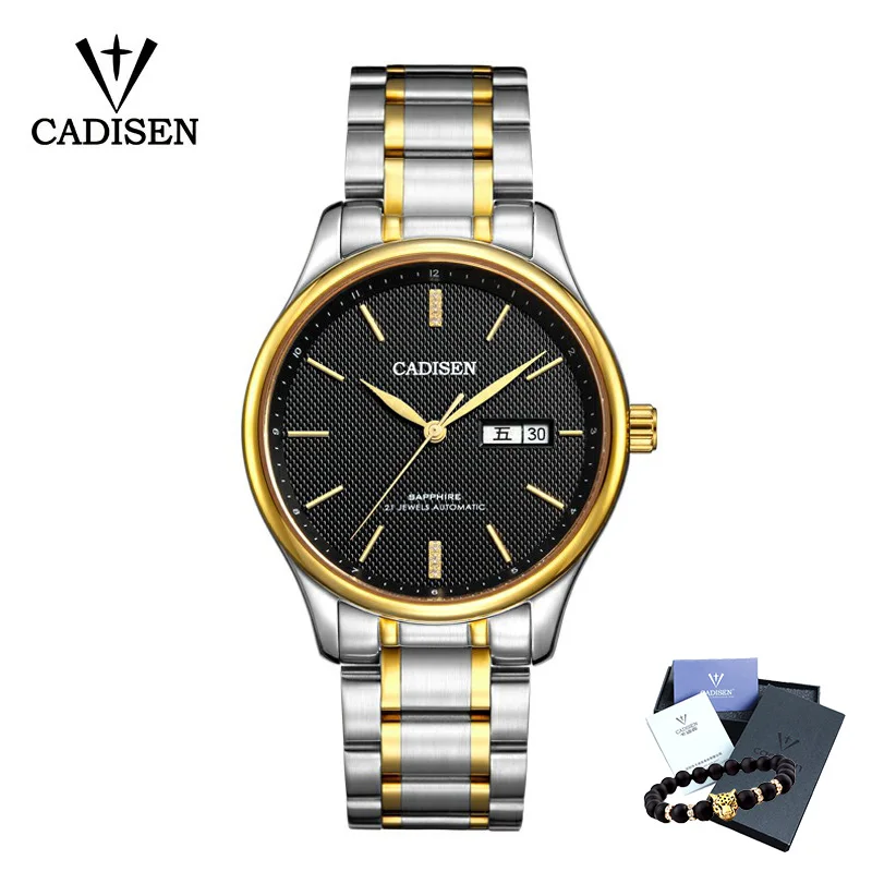 Black-gold CADISEN автоматические механические Лидирующий бренд Роскошные мужские деловые часы мужские водонепроницаемые наручные часы из нержавеющей стали Relogio Masculino - Цвет: Black-gold