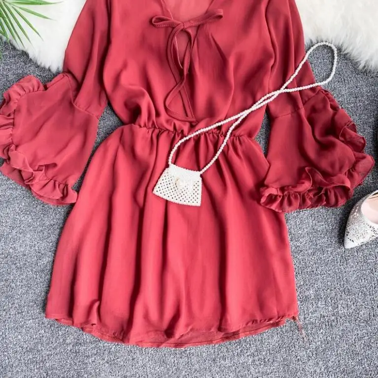 Женское платье с рукавом фонариком повседневное облегающее из шифона