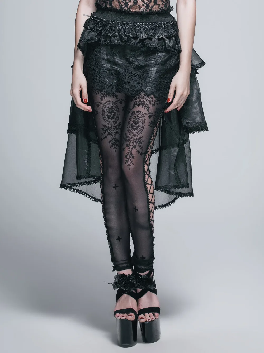 Devil fashion Gothic Lolita Style Women Skirts Black Sexy Lace Skirt Asymmetrical Skirts Above knee Long tail Skirts