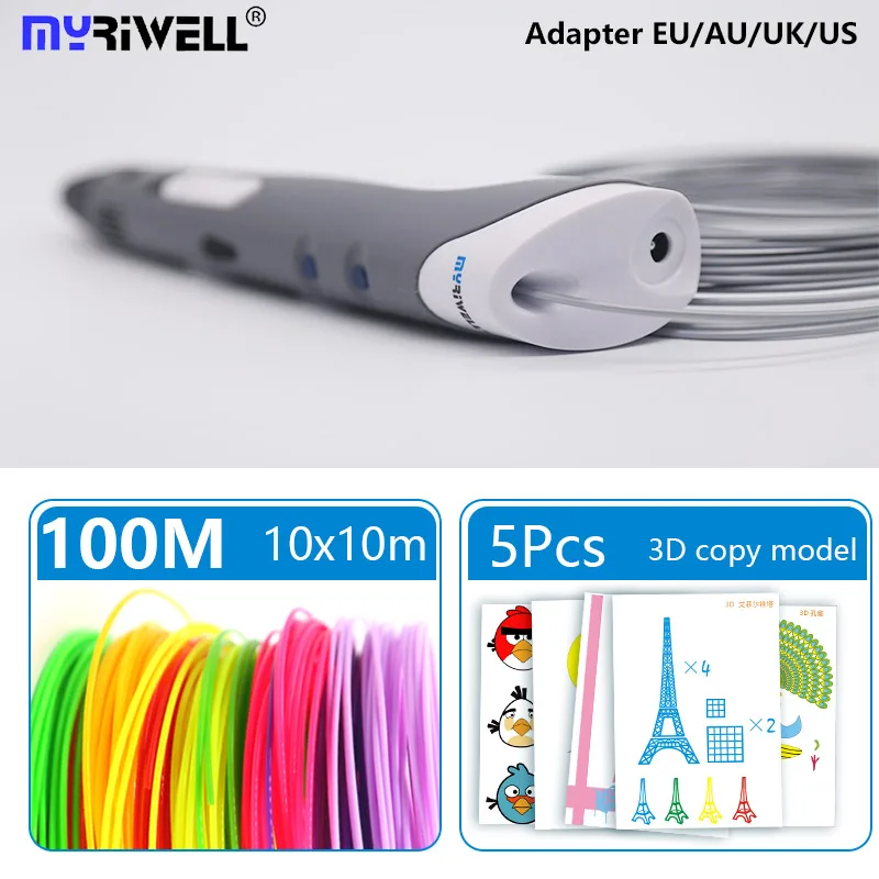 gray pen 100m Myriwell 3d Ручка 3d Ручка для печати rp-100a ручка для рисования с 20 цветными ABS нитями 3 D ручка Бесплатный узор и подставка для ручки Быстрая - Цвет: gray pen 100m