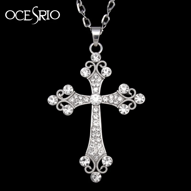 Grand pendentif croix de couleur argent collier en cristal strass longue chaîne collier pour femmes