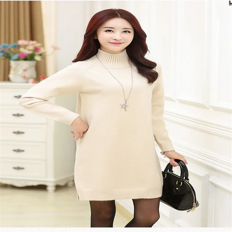 2019 New Winter Loose Big Yards Knitted Sweater Pure Color Side Slit Pullover Turtleneck Warm Long Women A1496 | Женская одежда