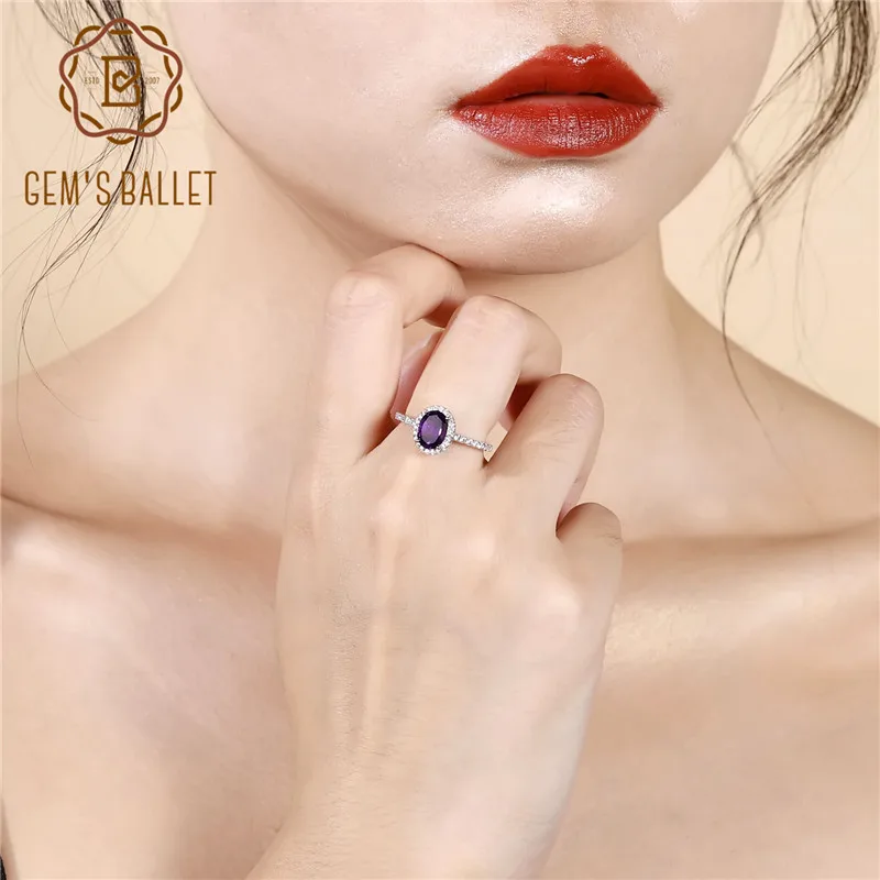 Gem's Ballet 1.30Ct кольцо с натуральным аметистом овальное Halo Кольцо 925 пробы серебряные кольца с драгоценным камнем для женщин хорошее ювелирное изделие Прямая поставка