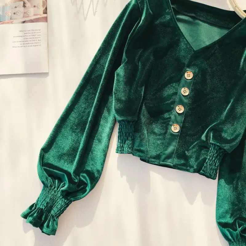Осень и зима новые женские винтажные однотонные бархатные однобортные короткие футболки с рукавами-фонариками женские рубашки женский топ