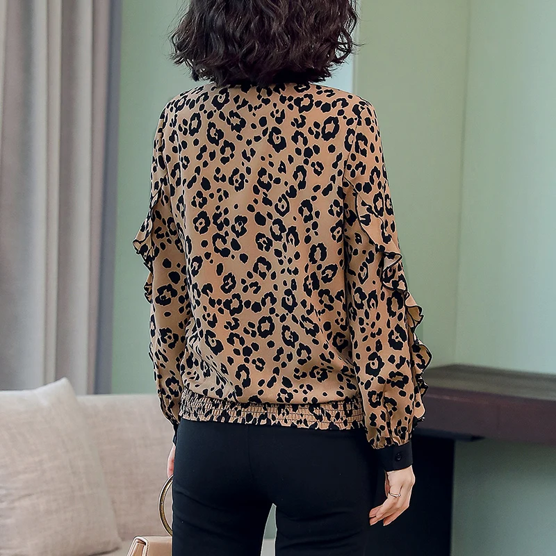 nvyou gou Ladies Leopard Print Top Summer Fashion Loose Ruffle Sleeve Chiffon Blouse Office Lady Bow Tie Neck Casual Shirt |