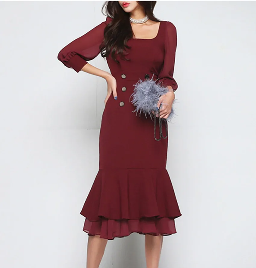 

JSXDHK Spring Double-Breasted Mermaid Dresses Women Wine Red Chiffon Patchwork Square Collar Bodycon Dress Ruffles Vestidos