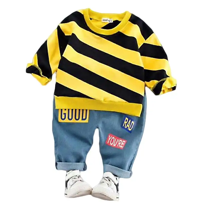BOTEZAI Child Boy Striped Clothes Sets For Baby Girls Boys Fashion Letter Long Sleeve T shirt + Jeans Pants |