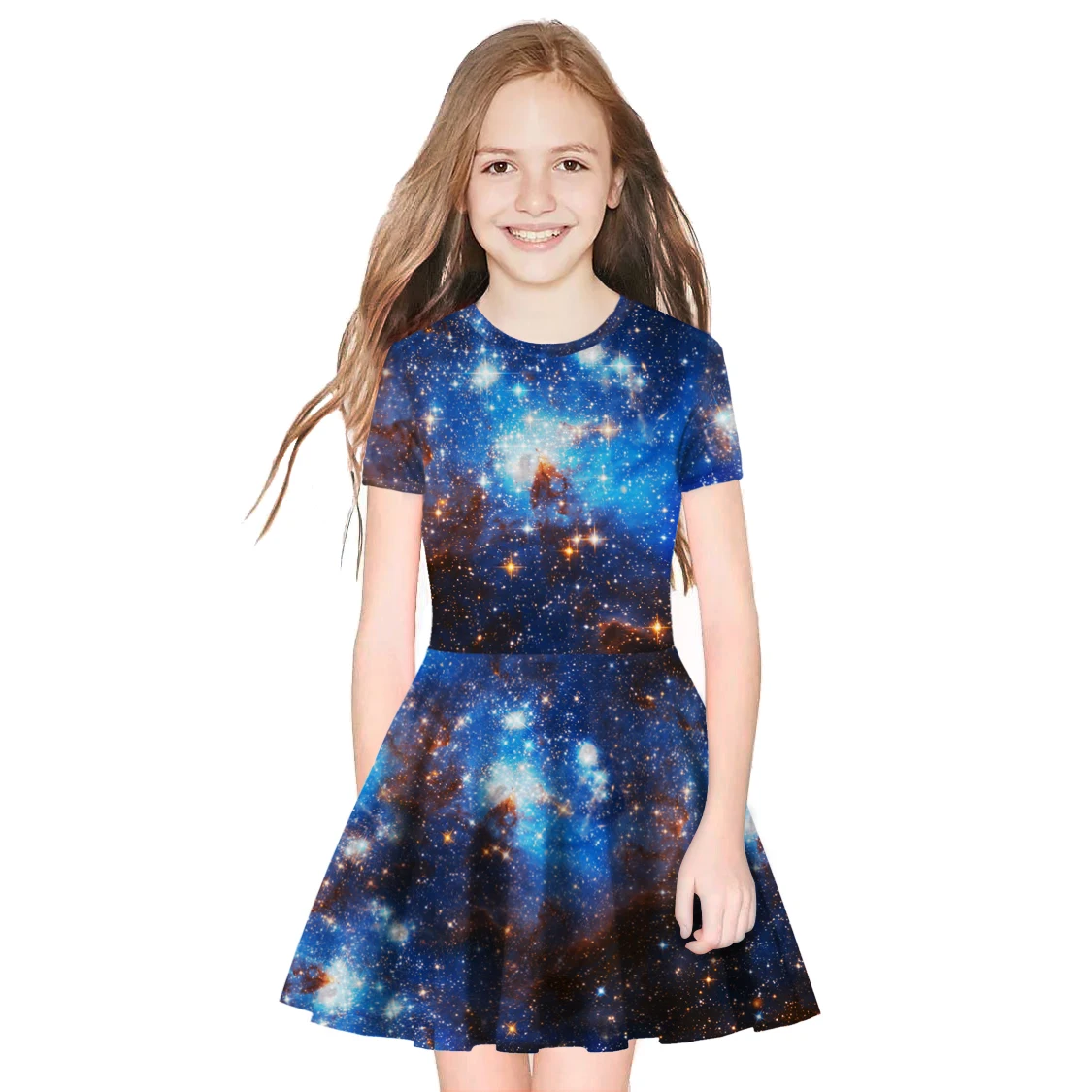 Raisevern Blue/Purple Galaxy Space A-line 3D Printed Baby Girls Summer Dresses High Quality Fashion Pleated Dress | Детская одежда и