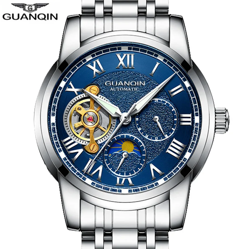 Мужские автоматические часы GUANQIN роскошные механические с каркасом Tourbillon черные