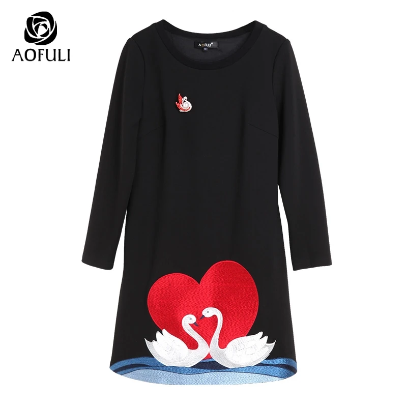 Женское платье А силуэта с длинным рукавом S/M/L/XL/4XL черное вышивкой в виде лебедя и