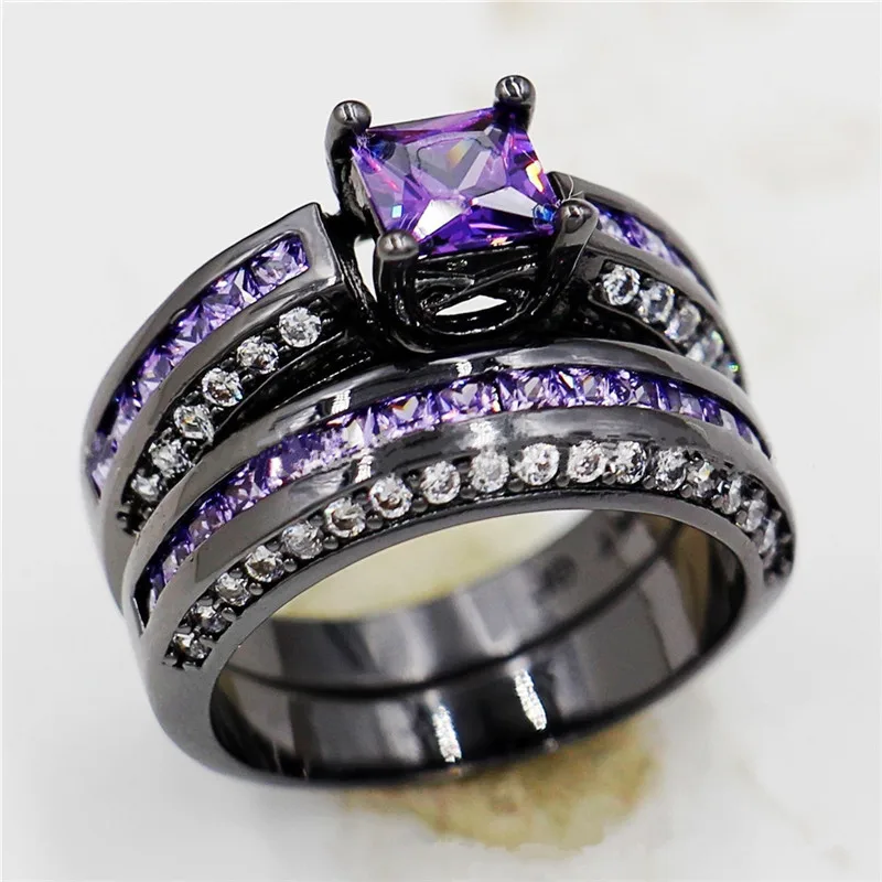 0935 Purple Набор обручальных колец из черного золота для женщин, голубой, красный, фиолетовый, CZ камни, кристалл, обручальное ювелирное изделие, 2 шт., набор колец - Цвет основного камня: 0935 Purple