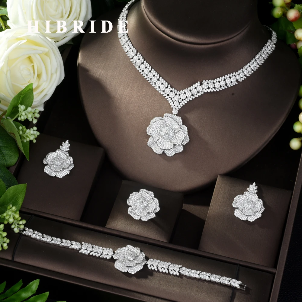 

HIBRIDE Elegant New Flower Shape Bridal Jewelry Sets Sparkling AAA+ Zirconia Paved Cute Necklace Bracelet Earring Ring Set N-970