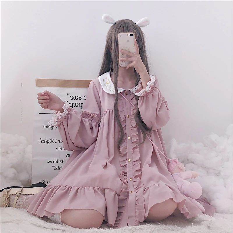Женская одежда Kawaii японский стиль Вышивка Питер Пэн длинные кружевные