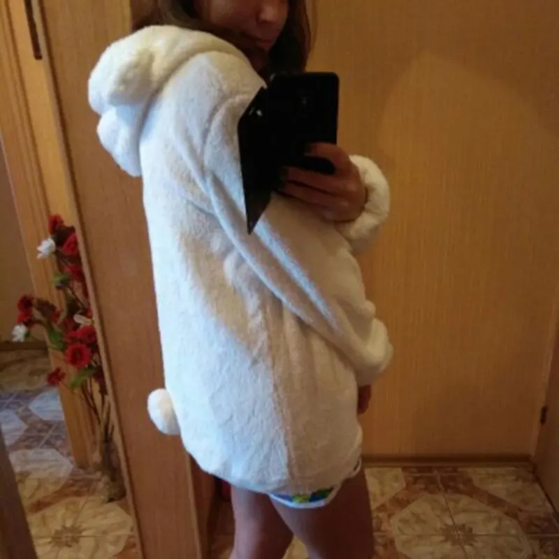 Женская свободная толстовка с капюшоном пушистая на молнии медвежьими ушками