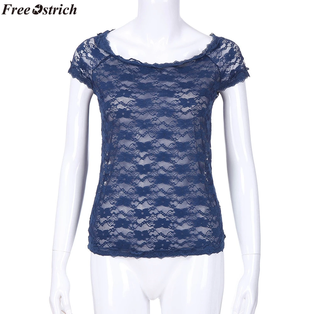 Бесплатная Страусиная Женская модная кружевная Прозрачная Футболка с круглым