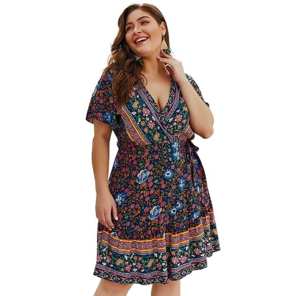 Платье женское шифоновое с цветочным принтом глубоким V образным вырезом и