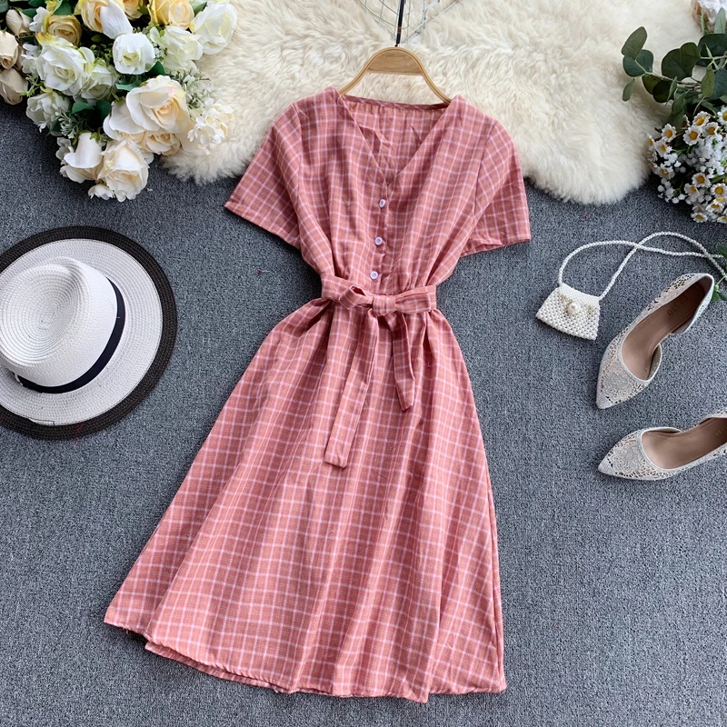 Vintage Button Slim V Neck Plaid Print Short Dress Summer Party Tie Robes Vestidos Women Casual A-Line Vestido De Festa