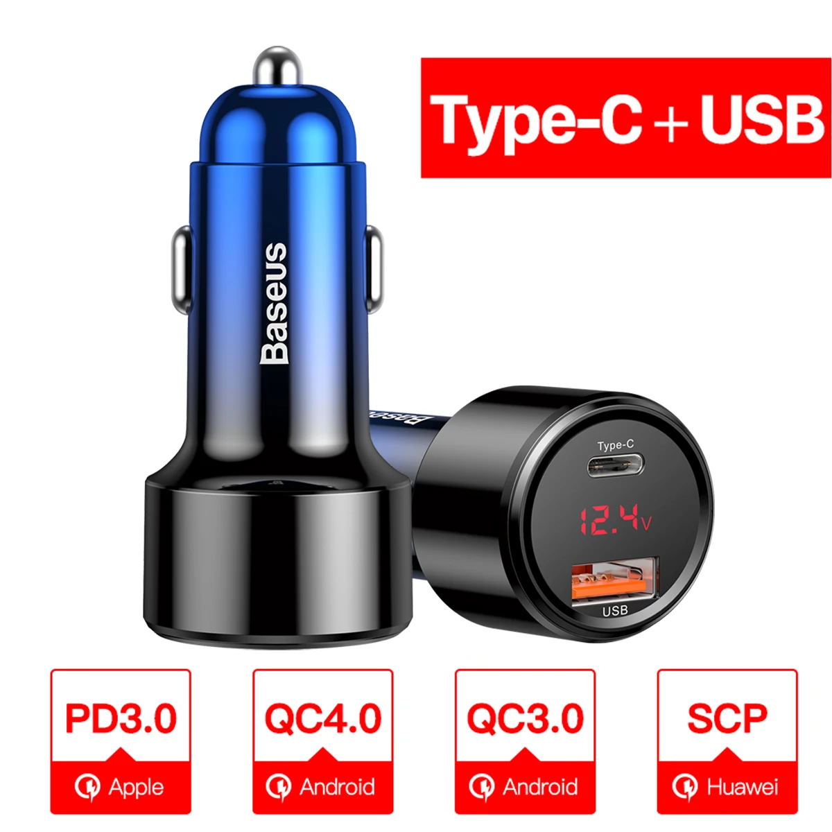 Type C USB Blue Baseus 45 Вт Быстрая зарядка 4,0 3,0 USB Автомобильное зарядное устройство для iPhone Xiaomi samsung QC4.0 QC3.0 QC type C PD Автомобильная Быстрая зарядка для мобильных телефонов - Тип штекера: Type C USB Blue