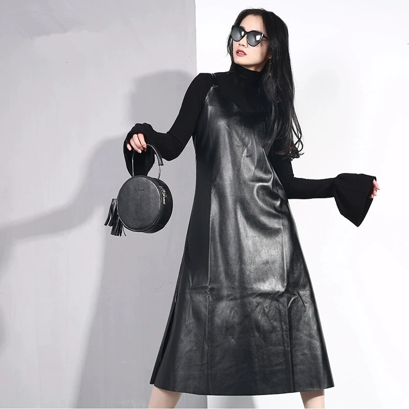 

SWYIVY 2019 Winter Women Dress Sleeveless PU Leather Black Dress Spaghetti Strap V-neck Slim Mid Calf Casual Dress For Women