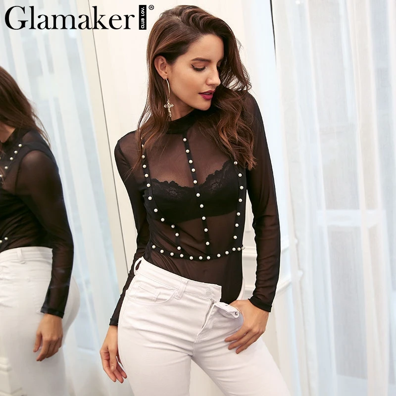 Женский прозрачный комбинезон Glamaker облегающий черный сетчатый с длинным рукавом