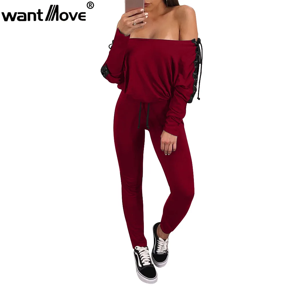 Wantmove Осень Зима Мода с плеча двойной шнуровкой женский комбинезон боди с длинным рукавом Комбинезоны JZ098