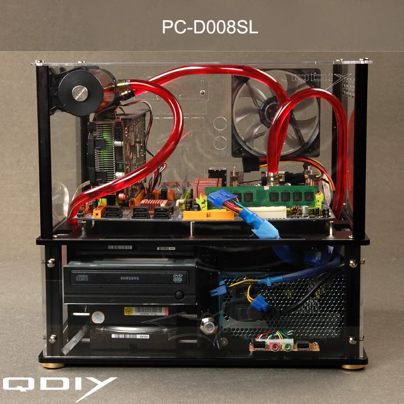 QDIY PC D008SL красочные горизонтальные E ATX прозрачный ПК с водяным охлаждением