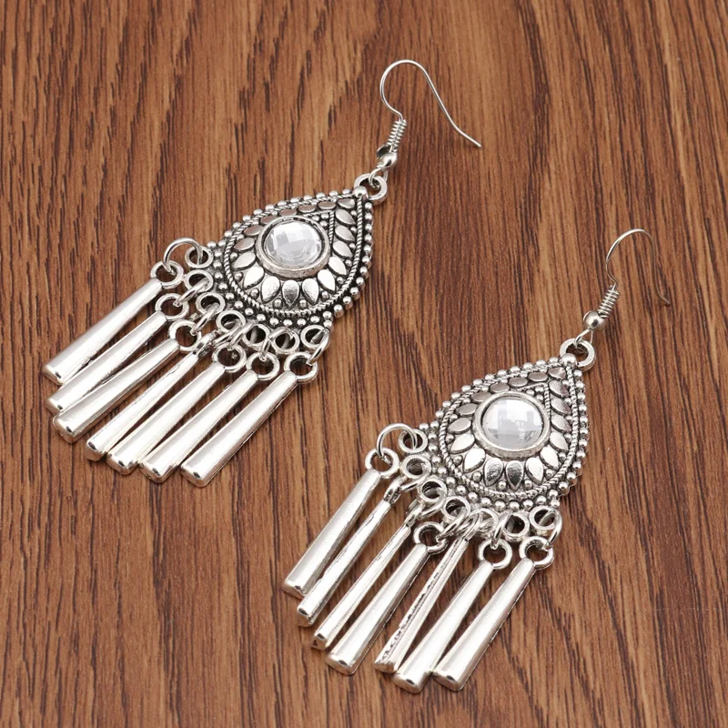 Seblasy New Vintage Tribal Jewelry Long Statement Hollow Crystal Water Droplet Dangle Earrings Stripe Tassel Drop Women | Украшения и
