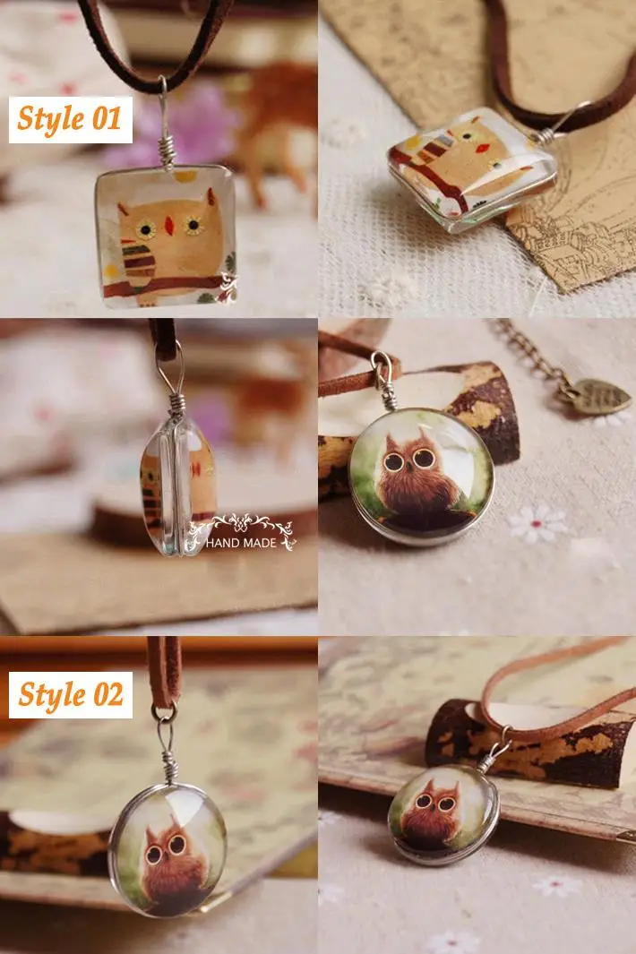 Сова ожерелье двусторонний рисованной сова стекло кабошон кулон ювелирные