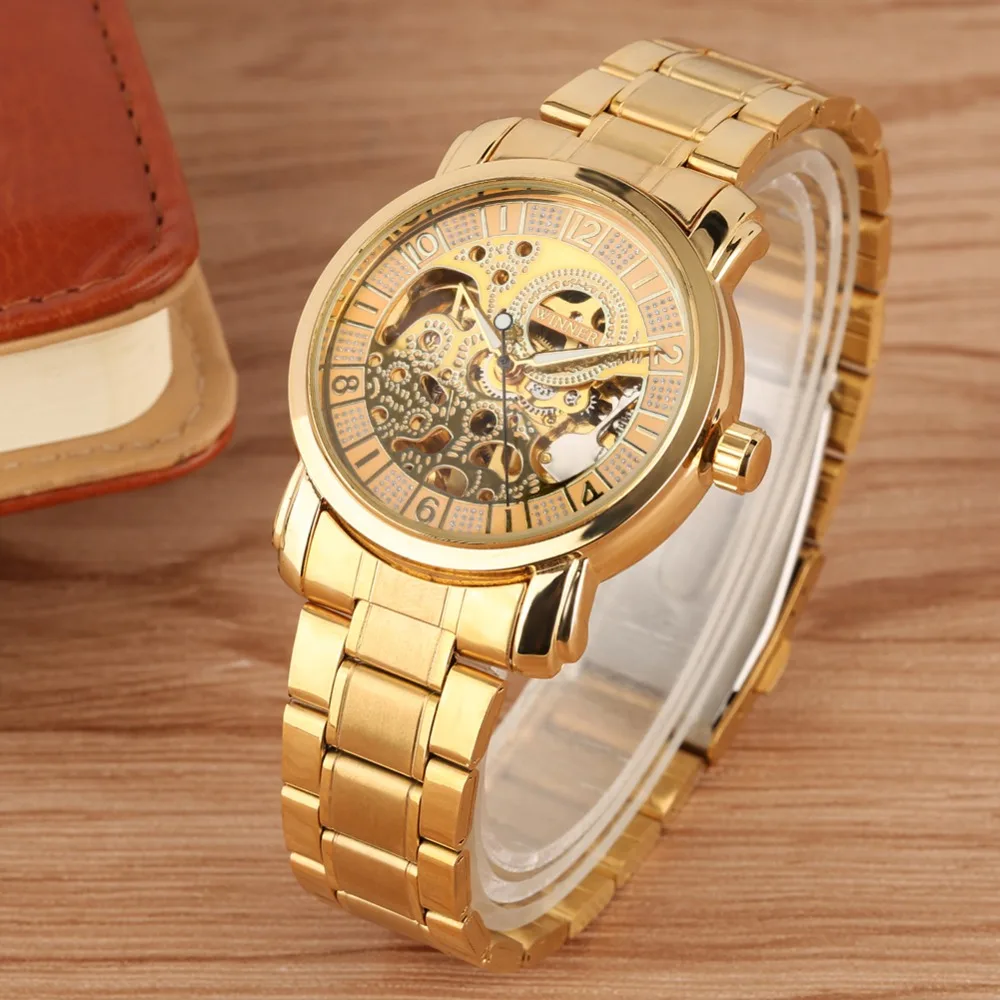Роскошные для мужчин's деловые часы золото пятно сталь ремень Скелет Полые с