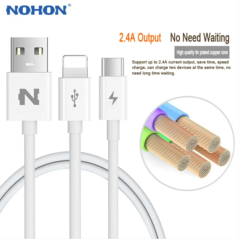 Оригинальный USB кабель NOHON 2 в 1 8Pin Type C Micro для iPhone 7 6 6S Plus iPad iPod Samsung Lenovo Nokia LG Android