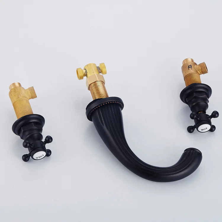 

Free shipping Black bronze double handles three-hole copper bathroom basin faucet 3pcs mixers for cold and hoter water
