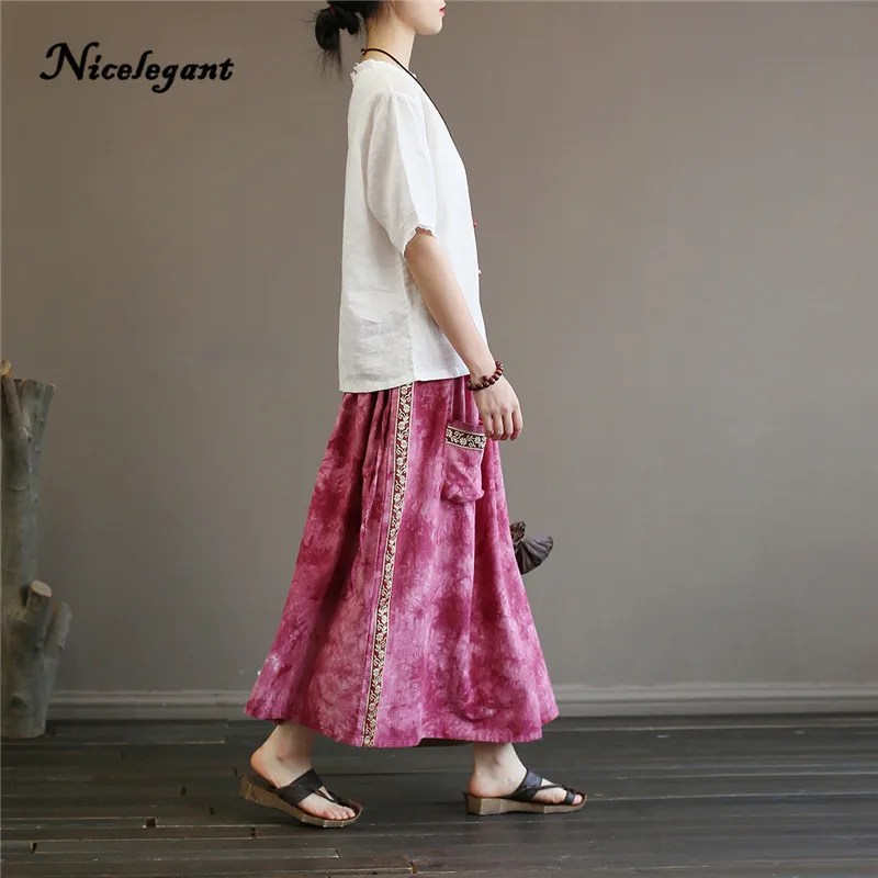 Nicelegant Vintage Art Tie Dye Long Skirt Women Cotton Summer Chinese Style Loose Tibetan Embroidery Female Split | Женская одежда