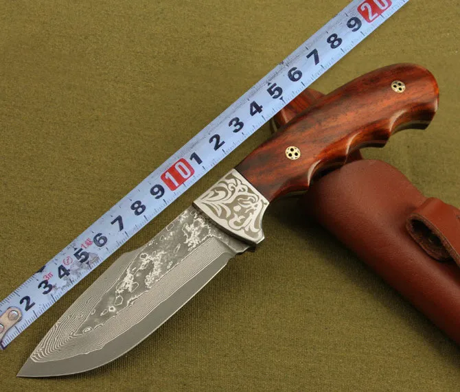 

LCM66 Handmade forged Damascus steel hunting knife 59 HRC Damascus Steel fixed knife ebony handle with Leather sheath